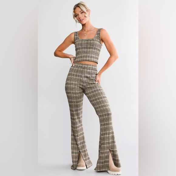 Willow & Root Pants - Willow & Root Plaid Matching Set - Cropped Tank Top & Split Flare Pant